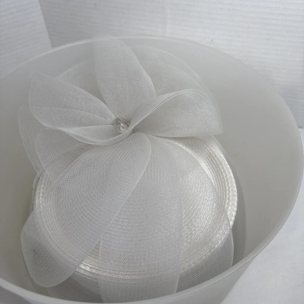 White Church Derby Hat Lg Bow Rhinestone, Formal Wedding Tea Party W/Hard Box
